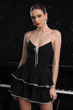 Black Tiered Spaghetti Straps A Line Cocktail Dress