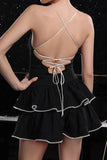 Black Tiered Spaghetti Straps A Line Cocktail Dress