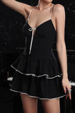 Black Tiered Spaghetti Straps A Line Cocktail Dress