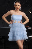Glitter Strapless Blue Corset Tiered A Line Cocktail Dress