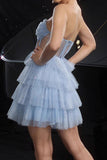 Glitter Strapless Blue Corset Tiered A Line Cocktail Dress