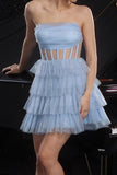 Glitter Strapless Blue Corset Tiered A Line Cocktail Dress