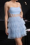 Glitter Strapless Blue Corset Tiered A Line Cocktail Dress