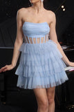 Glitter Strapless Blue Corset Tiered A Line Cocktail Dress