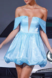 Off The Shoulder Blue A Line Cocktail Dress