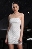 White Spaghetti Straps Bodycon Cocktail Dress with Pearls