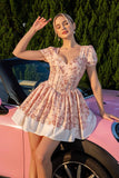 Blush Floral A Line Corset Homecoming Dress with Short Sleeves