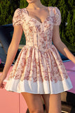 Blush Floral A Line Corset Homecoming Dress with Short Sleeves