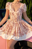 Blush Floral A Line Corset Homecoming Dress with Short Sleeves