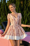 Blush Floral A Line Corset Homecoming Dress with Short Sleeves