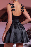 Black Satin A Line Spaghetti Straps Cocktail Dress With Bows