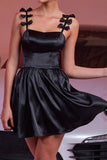 Black Satin A Line Spaghetti Straps Cocktail Dress With Bows