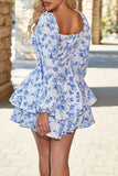 White Blue Floral Long Sleeve Corset Tiered Homecoming Dress