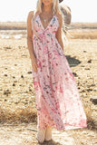 Pink Floral V Neck A Line Summer Dress