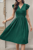 Black V-Neck A Line Pleated Summer Dress