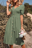 Black V-Neck A Line Summer Dress with Buttons