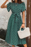 Printed Dark Green A Line Summer Dress with Belt