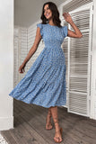 Blue Floral A Line Printed Round Neck Summer Dress