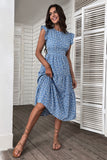 Blue Floral A Line Printed Round Neck Summer Dress