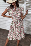 White Pink Floral A Line Pleated Summer Dress