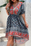 Printed A Line V Neck Red Summer Dress