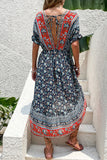 Printed A Line V Neck Red Summer Dress