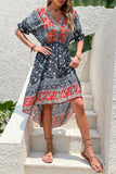 Printed A Line V Neck Red Summer Dress