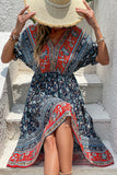 Printed A Line V Neck Red Summer Dress