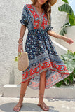 Printed A Line V Neck Red Summer Dress
