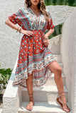 Printed A Line V Neck Red Summer Dress