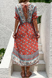 Printed A Line V Neck Red Summer Dress