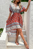 Printed A Line V Neck Red Summer Dress