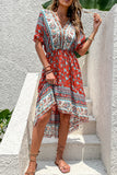Printed A Line V Neck Red Summer Dress