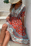 Printed A Line V Neck Red Summer Dress