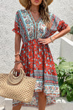 Printed A Line V Neck Red Summer Dress
