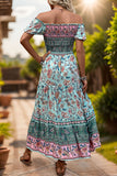 Off the Shoulder A Line Green Printed Summer Dress