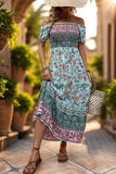 Off the Shoulder A Line Green Printed Summer Dress