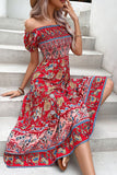 Off the Shoulder A Line Green Printed Summer Dress