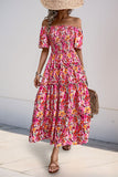 Fuchsia Floral Off the Shoulder A Line Summer Dress