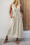 V Neck Khaki A Line Casual Summer Dress with Pockets