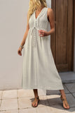 V Neck Khaki A Line Casual Summer Dress with Pockets