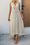 V Neck Khaki A Line Casual Summer Dress with Pockets