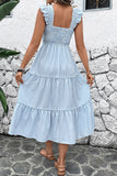 Blue Striped Square Neck Midi Summer Dress