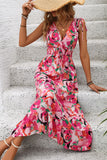 Fuchsia Floral V Neck Midi Summer Dress