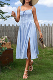 Blue A Line Spaghetti Straps Summer Dress With Slit