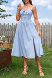 Blue A Line Spaghetti Straps Summer Dress With Slit