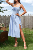 Blue A Line Spaghetti Straps Summer Dress With Slit