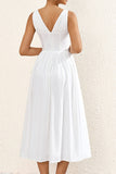 Simple White A Line Midi Summer Dress With Bow