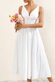 Simple White A Line Midi Summer Dress With Bow