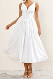 Simple White A Line Midi Summer Dress With Bow